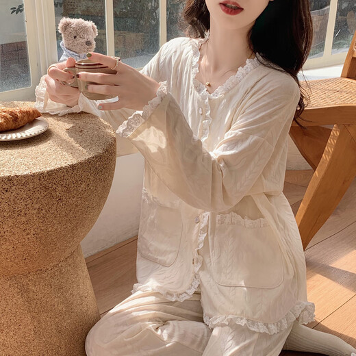 浪莎甜美2025春夏夏季提花棉质睡衣少女新款长袖长裤套装公主风家居服 带胸垫9904#杏色 M 建议80-100斤