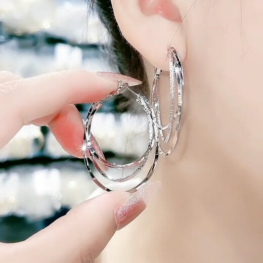 Timo live broadcast new trendy multi-layered large earrings 925 silver needle large hoop earrings Internet celebrity temperament goddess style exaggerated earrings Sansheng Sanshi large hoop earrings silver A21-208