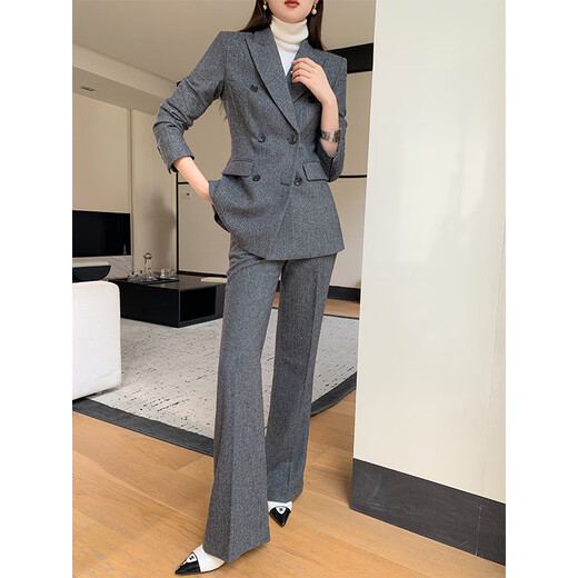 Sugargirl small suit suit autumn and winter new thickened wool professional host formal wear casual high-end temperament suit jacket gray (suit + bootcut pants) M
