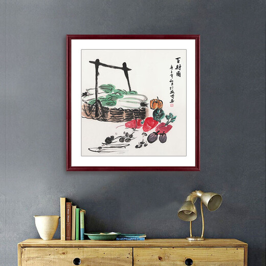Jie Home Purely hand-painted ink Chinese painting Doufang Chinese restaurant entrance vegetable harvest decorative painting loofah cabbage gourd hanging painting B style picture of wealth + brown outer frame outer frame size 50*50cm