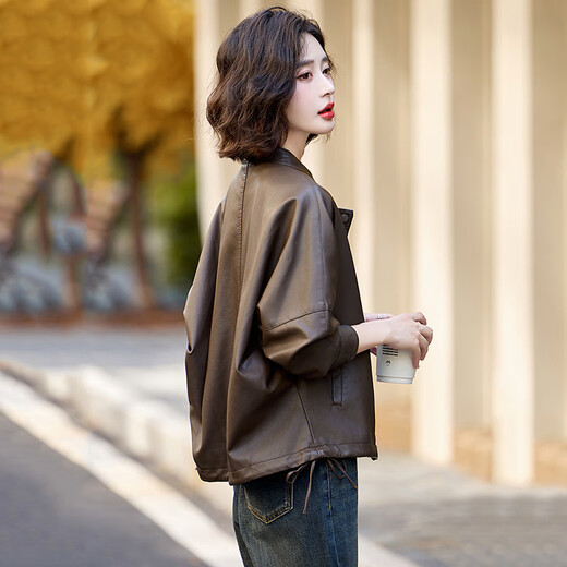 佰蓝娇美拉德皮衣外套女2025春秋新款短款宽松休闲复古PU皮机车夹克上衣 咖啡色 L （建议116-129斤）