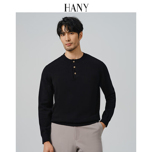 Hany (HANY) thickened cashmere cotton new Chinese style sweater men's black Henry collar business warm knitted bottoming sweater autumn Buckel Obsidian Black 4XL recommended 220Jin Jin is equal to 0.5 kg or more