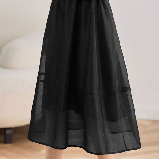 Sheng Zhaoda Skirt Women's 2024 Summer New Drapey Mesh Organza Umbrella Skirt Mid-Length French A-Line Thin Style Black 9902 L (100 to 120 Jin Jin is equal to 0.5 kg)