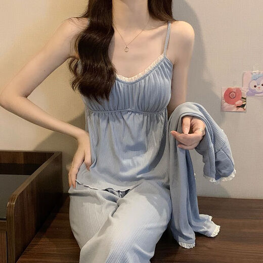 猫人四季款睡衣女纯棉2025年新款纯欲风甜美带胸垫简约蓝色三件套装 三件套 831 杏色 带胸垫可拆 M 建议80-95斤