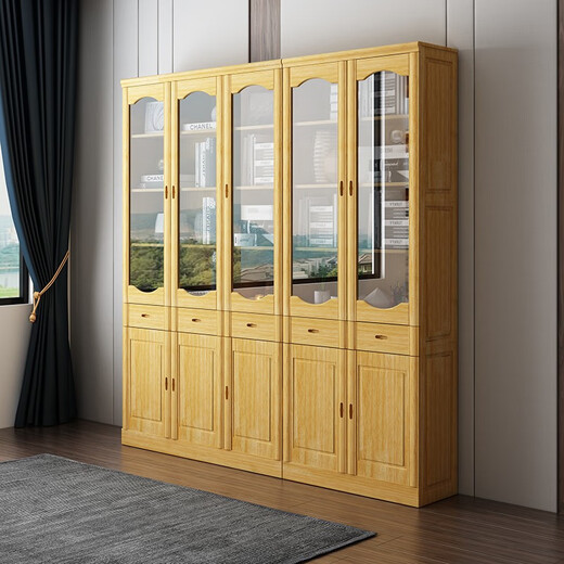 Yuanlin Liangmu solid wood bookcase pure solid wood with glass three-door Chinese style home study display cabinet floor-standing combination bookcase with door 120*32*200cm) pure wood walnut color