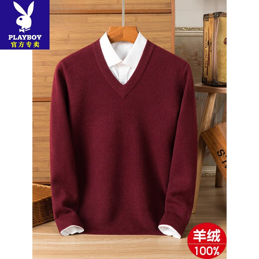 花花公子（PLAYBOY）100纯山羊毛绒衫男士休闲毛衣V领上衣加厚保暖针织羊毛衫 9906/驼色 M 165 【建议120斤以内】