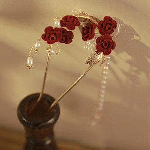 Mengkeduo Red Rose Tassel Hairpin New Chinese Style Ancient Style U-shaped Hairpin Bridal Toast Wear Hairpin High-end Hair Accessory Red Rose Tassel Hairpin Gold