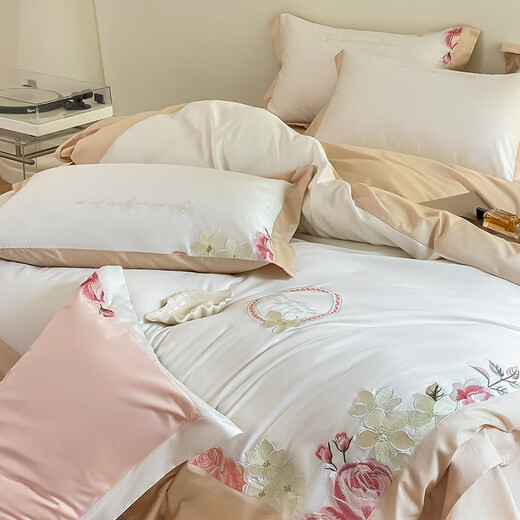 Arctic velvet (Bejirog) 100 long velvet cotton four-piece set full cotton embroidered quilt cover bed sheet double pure cotton quilt cover bedding style slightly drunk rose - elegant white 1.5m (5 feet) bed sheet four-piece set