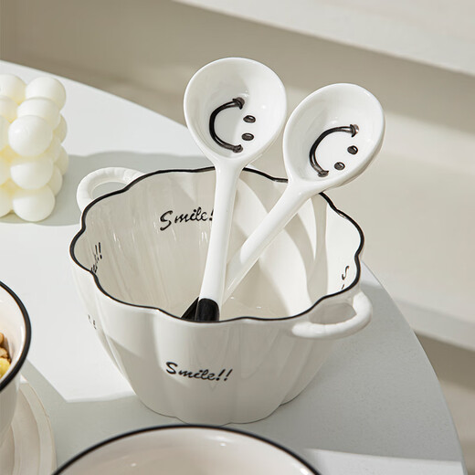 Persson double-ear ceramic bowl with spoon set soup bowl noodle bowl high-looking breakfast bowl smiling face 6-inch double-ear bowl + twisting spoon