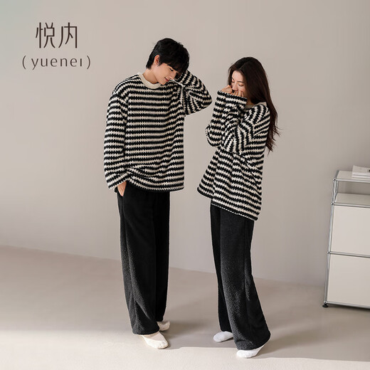 Yuenei Half Velvet Couple Pajamas Women's Autumn and Winter Coral Velvet Thickened Home Clothes Men's Striped Pullover Set 24353 Wave Pattern Women's 2XL (Male 160-180 Jin Jin equals 0.5 kg / Female 140-160 Jin Jin equals 0.5 kg)