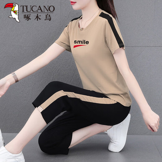 啄木鸟（TUCANO）好棉运动服套装女夏季2024新款中年夏装休闲短袖七分裤两件装 皮红七分裤[687款] M (推荐80-95斤)