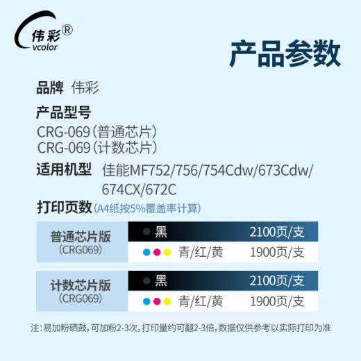 伟彩黑色CRG-069硒鼓 适用佳能MF752/756/754打印机  彩色激光机耗材可加粉循环加粉粉盒