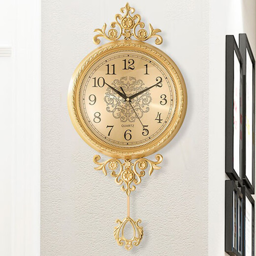 EVEMI European style wall clock living room home luxury atmospheric clock wall hanging decoration pure copper swing clock home large - automatic radio wave movement 20 inches or more