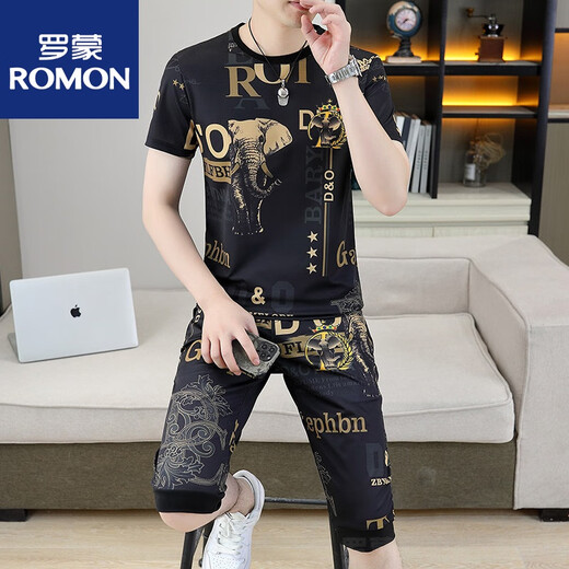 ROMON 2025 new personalized elephant printed short-sleeved T-shirt sports suit men's summer fashion brand casual two-piece set men's clothing 826 elephant white M