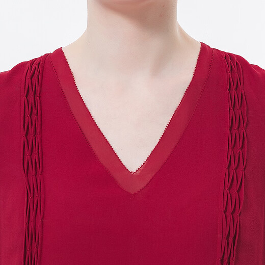 VOA Seiden Georgette V-Neck Puffhülse schwarzes Ohr gefaltes Doppelschicht Asymmetrischer Saum lose T-Shirt BE673 Huanxi SHA-Burgund (H38) 2xl