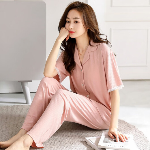Langsha Pajamas (Langsha) Pantalage de coton modal de printemps pour femmes Vêtements de maison à manches courtes pour la mère de la mère Mère Mother Cardigan Loose Uster uster 723 Rose clair M [155-162 cm / 80-105jin [Jin est égal à 0,5 kg]]]]
