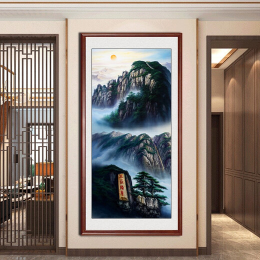 画中画 入户玄关装饰画竖版过道山水画风景进门中式壁画走廊尽头挂画 泰山日出-1048 实木框-240*120cm-带有机玻璃