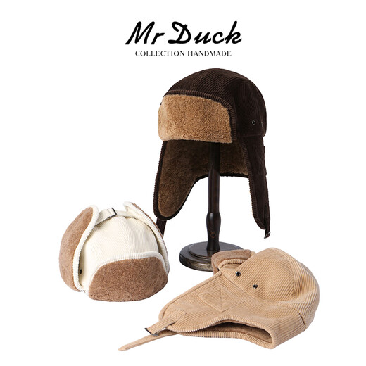 Mr DUCK Australian fur one-piece lamb hair ear protection thunder cap for men and women retro corduroy flight hat Northeast winter travel adobe brown (thickened to keep warm and cold-proof)-MW366172 M (suitable for 55-57cm head circumference)