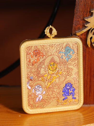 Yulong hand-painted golden Tanghuang God of Wealth and Five Gods of Wealth small thangka pendant portable natural mineral pigment 4*5cm