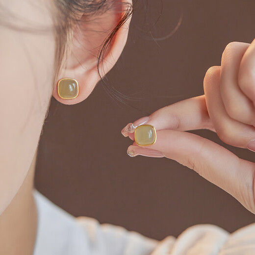 QPQK Hotan jade earrings 2025 new temperament and high-end golden jade earrings women's ice raw stone small earrings square Hetian jade earrings exquisite gift box