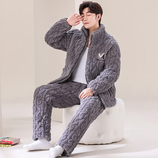 莫代尔新款男士秋冬季三层夹棉睡衣珊瑚绒加绒加厚法兰绒家居服冬天套装 咖啡色M6629 3XL 【165-195斤】三层加厚