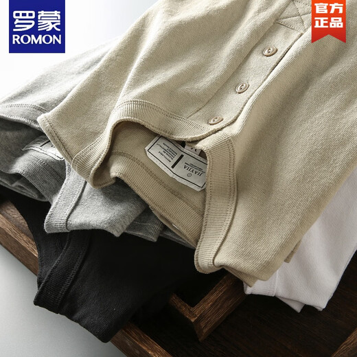 ROMON autumn and winter new American casual henley shirt men's retro simple versatile solid color daily long-sleeved T-shirt base gray L