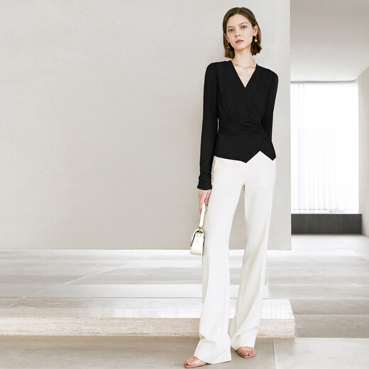 Yanyu Black Slim Shirt Women's 2025 Autumn Versatile V-neck Long Sleeve Top Waist Shirt Black M/38