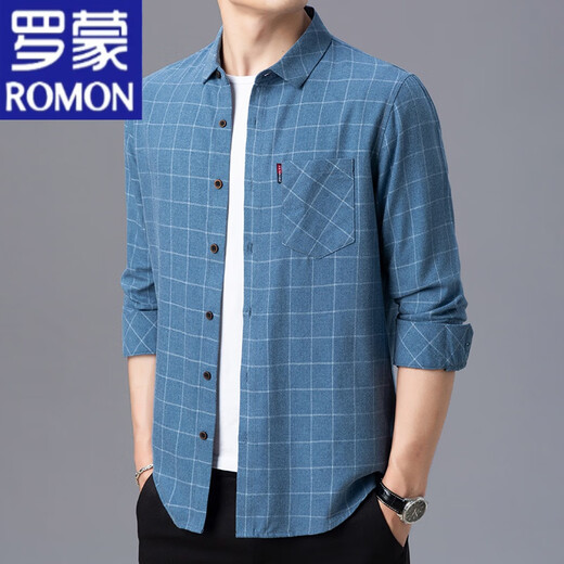 罗蒙（ROMON）纯棉长袖衬衫男春夏季薄款中老年男装格子宽松大码全棉衬衣男 长袖薄款6622绿色 170/L建议115-135斤