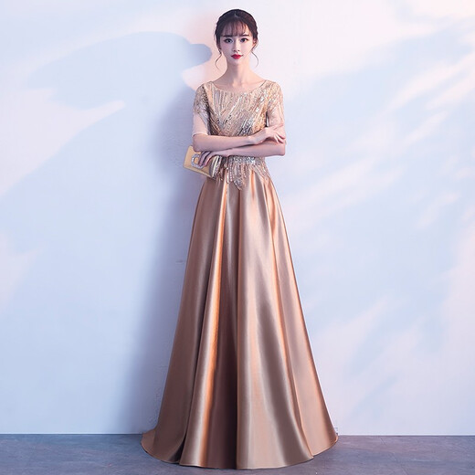Li Baixin gold evening dress women's new banquet temperament host choir performance clothing conductor clothing long skirt gold XXL