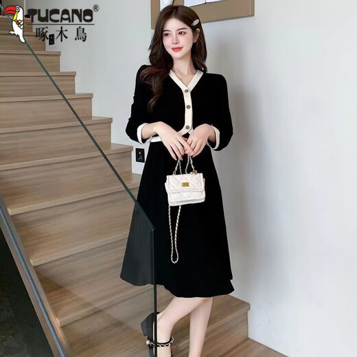 Woodpecker gras de grande taille Vêtements pour femmes printemps et automne Nouveau collier de parfum à la mode couvrant le ventre pour vous faire paraître mince robe à manches longues pour les femmes 1289 noire à manches courtes M recommandées 85-100jin [Jin est égal à 0,5 kg]