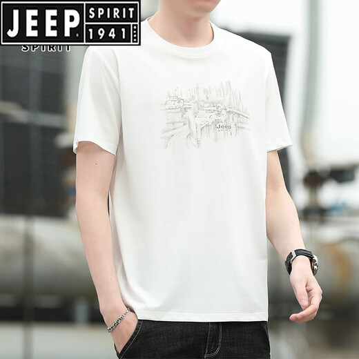 Jeep Spirit kurzärmelig T-Shirt Herren Sommer loser vielseitiger Sport Top New Round Hals Casual T-Shirt Herrenkleidung 3887 Weiß M.