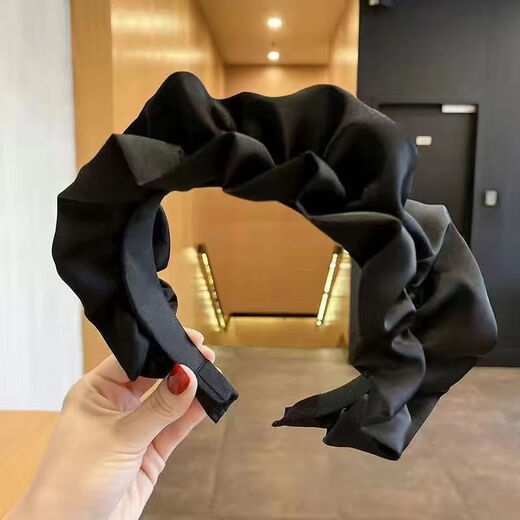 Mengkuan Wooden Ear-Edge Headband for Women, Super Fairy, High-Quality French Pleated Lace Headband, Versatile and Elevating Skull Headgear, Black 1 Piece