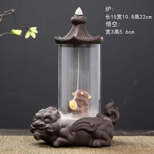 American and foreign new Chinese Zen backflow incense burner, glass cover, windproof, indoor household ornaments, sandalwood, agarwood, smoke, Pixiu base - God of Wealth artificially installed randomly - about 60X