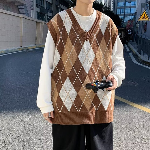 JIAYE 2024 Spring and Autumn Rhombus Grid Candle Knitted Vest Men's Loose Pullover Retro Outer Sleeveless Sweater Vest Coffee XL