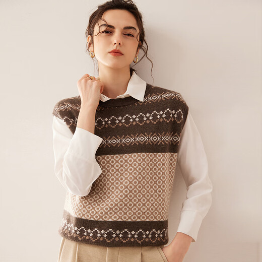 Mushi Cashmere Weste für Frauen rundes Nackenkaschmirweste für Frauen farblich blockieren Jacquard Neues Strickhemd Dicke SM3523R Green M.