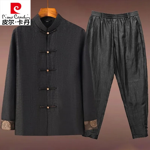 皮尔卡丹（pierre cardin）香云纱套装春季真丝桑蚕丝连袖中式男唐装中青年中山装中国风外套 上衣+9226裤 M 100-115斤