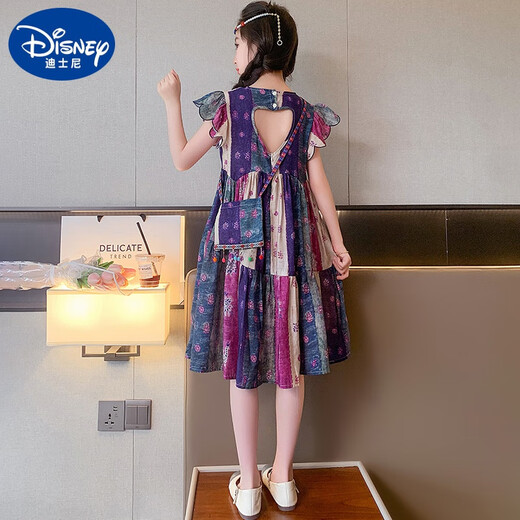 迪士尼女童连衣裙儿童公主裙夏季民族风夏天裙子中大童夏装2025新款童装 SX3271花瓣袖民族风裙子送包包 120 cm