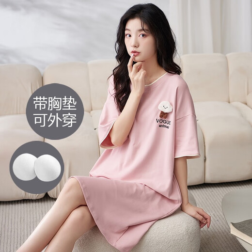 LangSha (LangSha) nightgown with chest pad pajamas for women in summer short-sleeved thin cotton home clothes for summer girls student onesom skirt LYSM702 L Recommended 160-165CM/ 100-120Jin [Jin equals 0.5 kg]