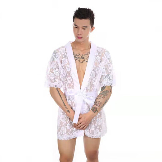 Boys Men's Sexy Nightgown Super Sexy Lace Transparent Thong Bathrobe Lounge Suit 2XL Black