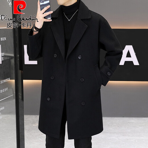 Pierre Cardin Spring and Autumn Windbreaker Men's Mid-Length Trendy Loose Casual Double-breasted Suit Collar British Style Woolen Coat Jacket Coffee Selected Woolen Fabric 2XL 135-150Jin Jin is equal to about 0.5 kg