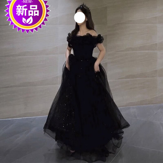 昂秉成人礼服女18嵗礼服高级感一字肩晚裙2023新款学生主持人赫本风长 黑色 背后绑带 2XL