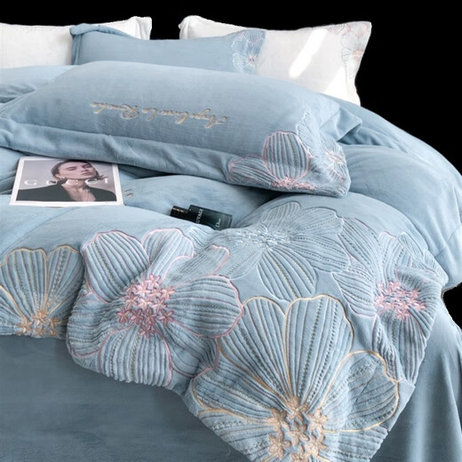 Mercury series home textiles high-end A-class milk velvet embroidered bed four-piece set winter thickened baby velvet cover bed linen bedding 4 winter thickened milk velvet-Qilly-Fanxinglan 2.0-meter bed sheet four-piece set-quilt cover 220x240