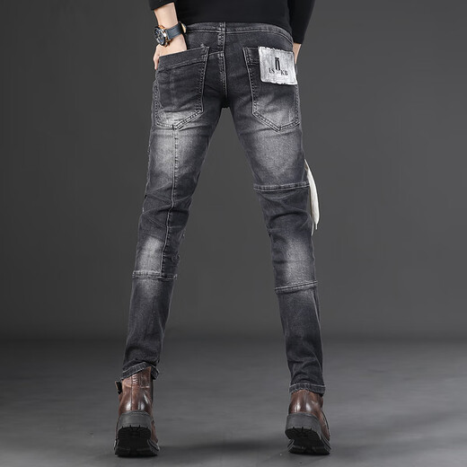 
Autumn and winter new black and gray personality irregular splicing motorcycle jeans men's slim feet fashionable casual trousers LS-9435 black size 28 sizes waist circumference 2 feet 1 90-110Jin [Jin equals 0.5 kg]