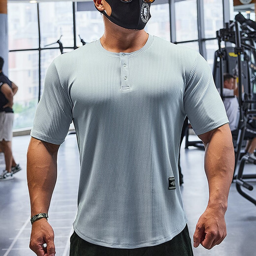 Lutielang sports tights short-sleeved round neck T-shirt quick-drying elastic training fitness clothes coach uniforms military green L