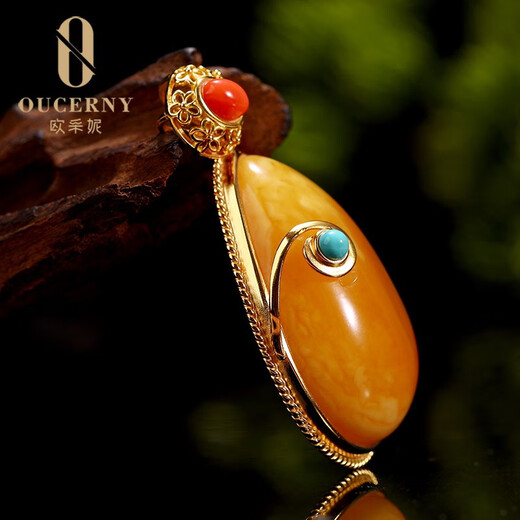 Ozeni beeswax pendant 925 silver inlaid, turquoise southern red inlaid natural Baltic amber chicken fat yellow new honey hanging chain water drop men and women rough stone 925 silver inlaid beeswax pendant