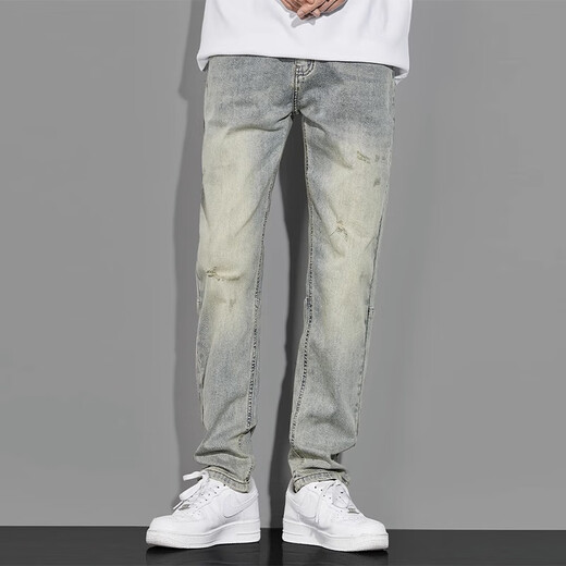 Zhidoudou American Retro Yellow Bud Jeans Men's Automn Wash High Street Straight Loose Spring et automne Pantalon décontracté pour hommes nostalgiques 1098 Bleu clair 28