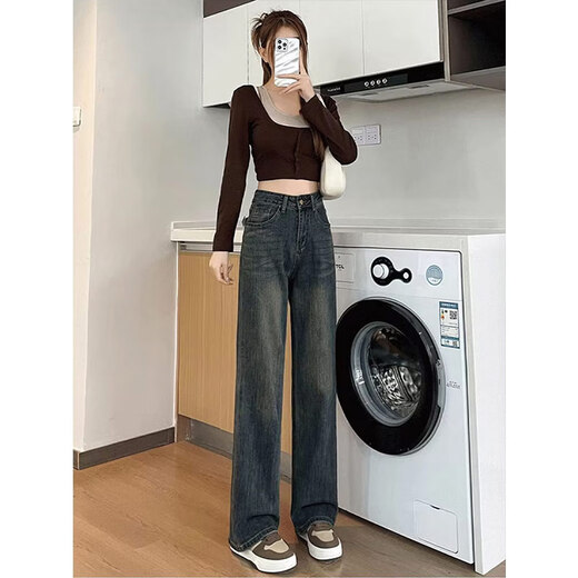 Luyal high-waisted narrow velvet jeans for women in autumn and winter, retro loose slimming straight pants for small people, wide-legged long trousers, cement blue, velvet M