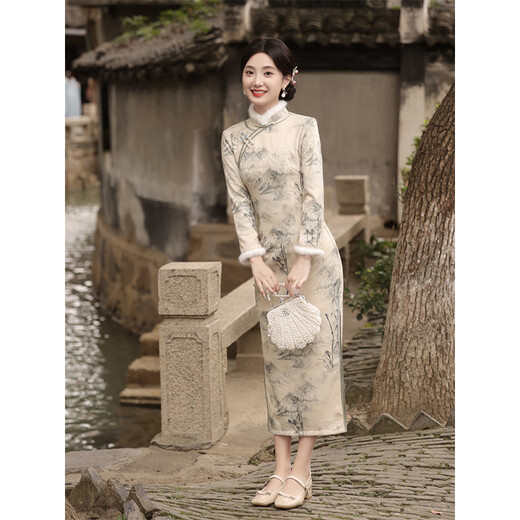 Du Yanzhi's new winter style, thickened and furred, long eight-button side cheongsam, landscape painting Chinese style stand-collar long cheongsam, beige color (velvet style, softer) plus velvet M (160) 95-105Jin Jin is equal to 0.5 kg