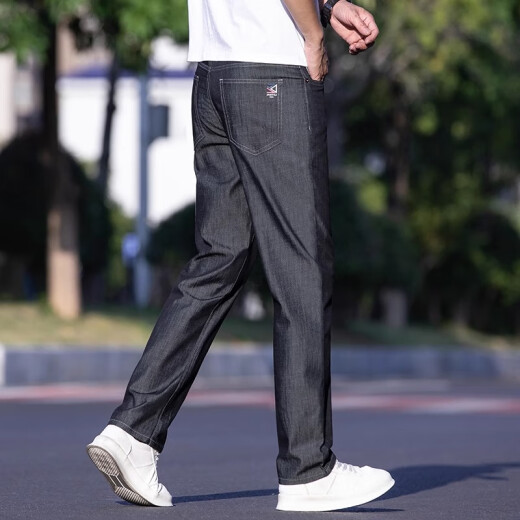Romon Jeans delgados Pantalones de negocios de seda de seda de hielo heterosexual para hombres Papá elástico para hombres pantalones casuales a la moda 9763 Seda de hielo Negro Regular 34