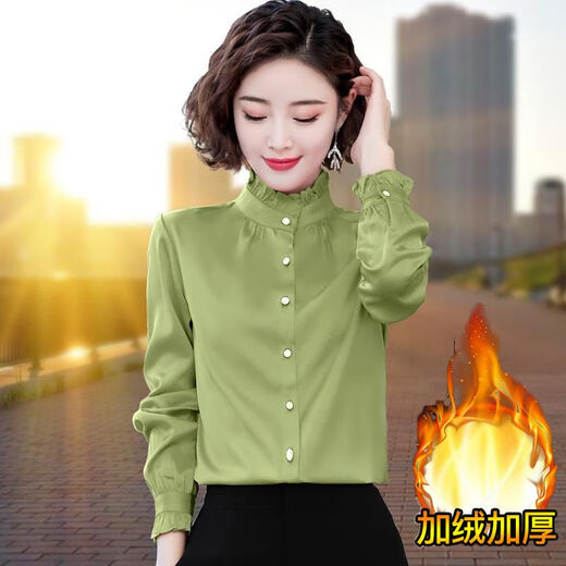 智兜兜广东普宁衬衫女秋冬款加绒立领雪纺长袖秋冬新款缎面衬衣高端百搭 5012杏色 (不加绒) S  建议80/90斤